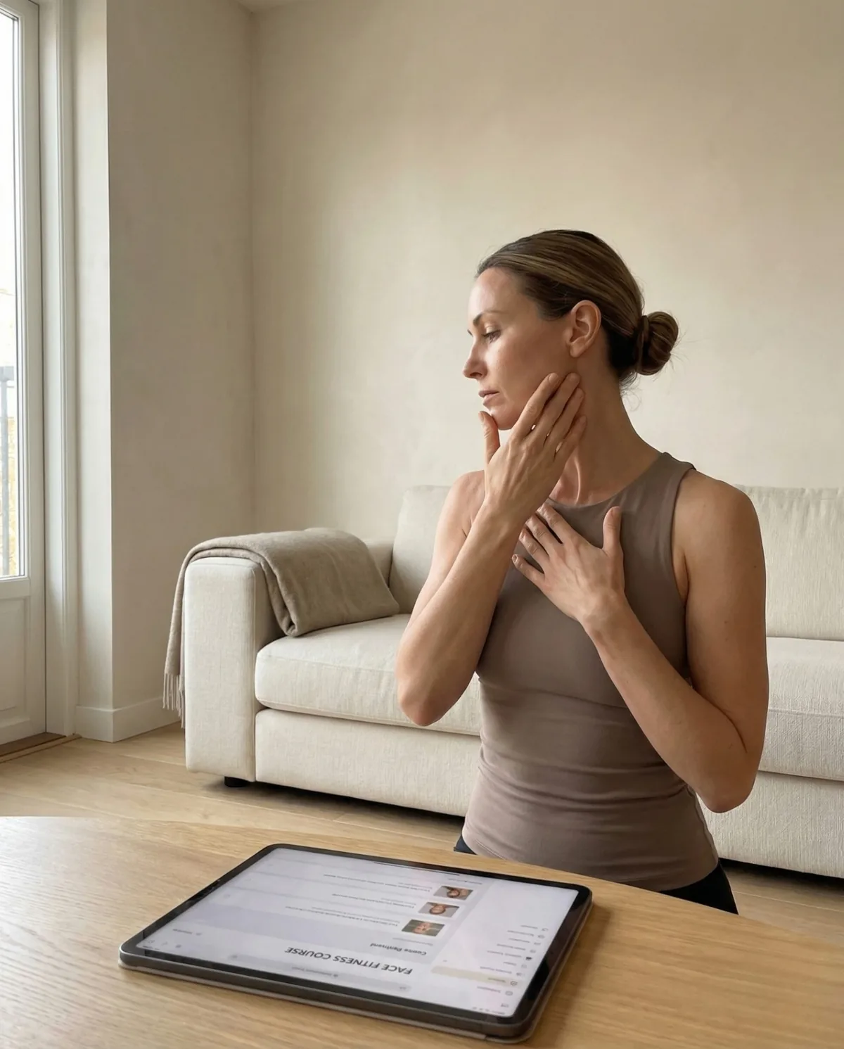 Woman practicing face fitness exercises while following along on tablet