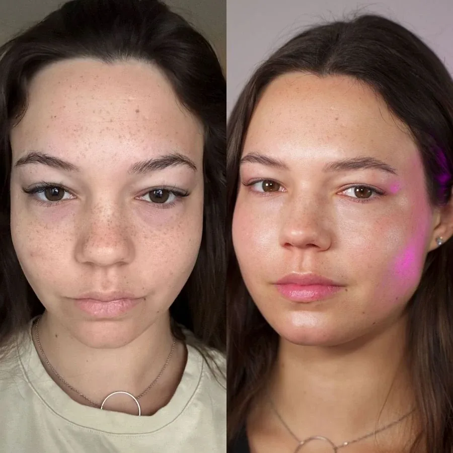 Imogen Clarke, before and after using the Face Fitness method